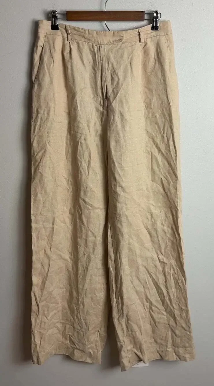 Zara Wide Leg Trousers Beige 100% Linen Size Large 3618/710 Women’s